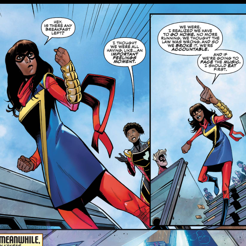 CrazyforRAMU's tweet photo. Kamala has her morals and priorities straight. Ya can't go do good if ya start the day hangry.

From #Champions No. 4, new to #MarvelUnlimited this week.
Writer:@eveewing Artist:@RobotJQ

#MostImportantMeal #FunnyPanels #MsMarvel #KamalaKhan #Ironheart #BreakfastOfChampions https://t.co/QNMtTMVM1A