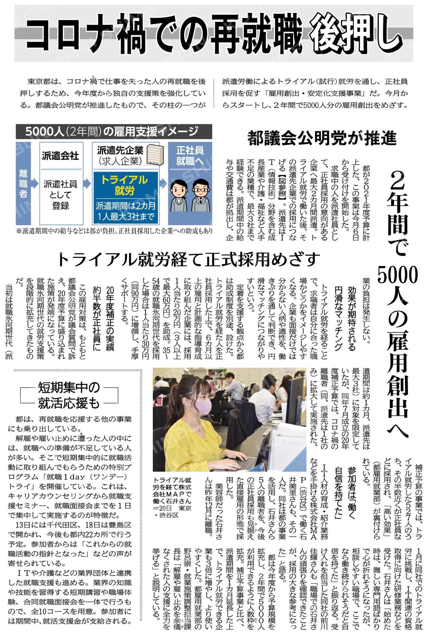 公明党東京都本部 東京都は コロナ禍で仕事を失った人の再就職を後押しするため 今年度から独自の支援策を強化しています その柱の一つが派遣労働によるトライアル就労を通し 正社員採用を促す 雇用創出 安定化支援事業 今月からスタートし 2年間