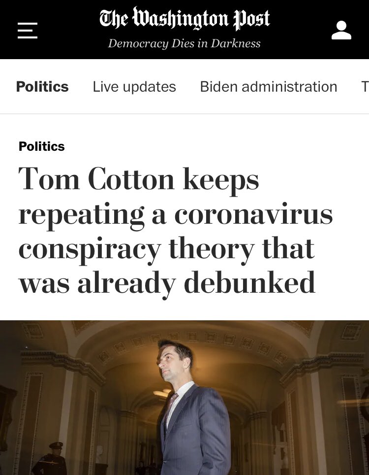 I can’t say this enough. In early 2020,  @washingtonpost accused  @SenTomCotton of “fanning the embers of a conspiracy theory repeatedly debunked by experts” for asking the same questions the Post’s reporting is currently asking.