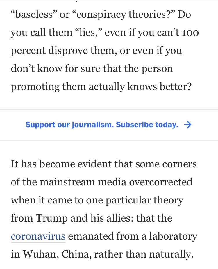 I can’t say this enough. In early 2020,  @washingtonpost accused  @SenTomCotton of “fanning the embers of a conspiracy theory repeatedly debunked by experts” for asking the same questions the Post’s reporting is currently asking.