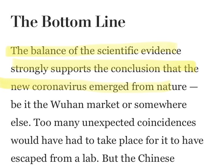 And for some reason  @washingtonpost’s timeline of events just so happens to omit their own “fact check” of the lab leak theory from April 2020 that concluded “the balance of the scientific evidence strongly suggests the conclusion that the new coronavirus emerged from nature.”