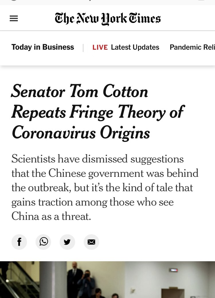 You may remember that much of the really bad coverage was focused on  @SenTomCotton’s suggestion that we better understand the potential for a lab leak from Wuhan.The difference in framing here from  @nytimes between May 2020 and May 2021 is...stark.