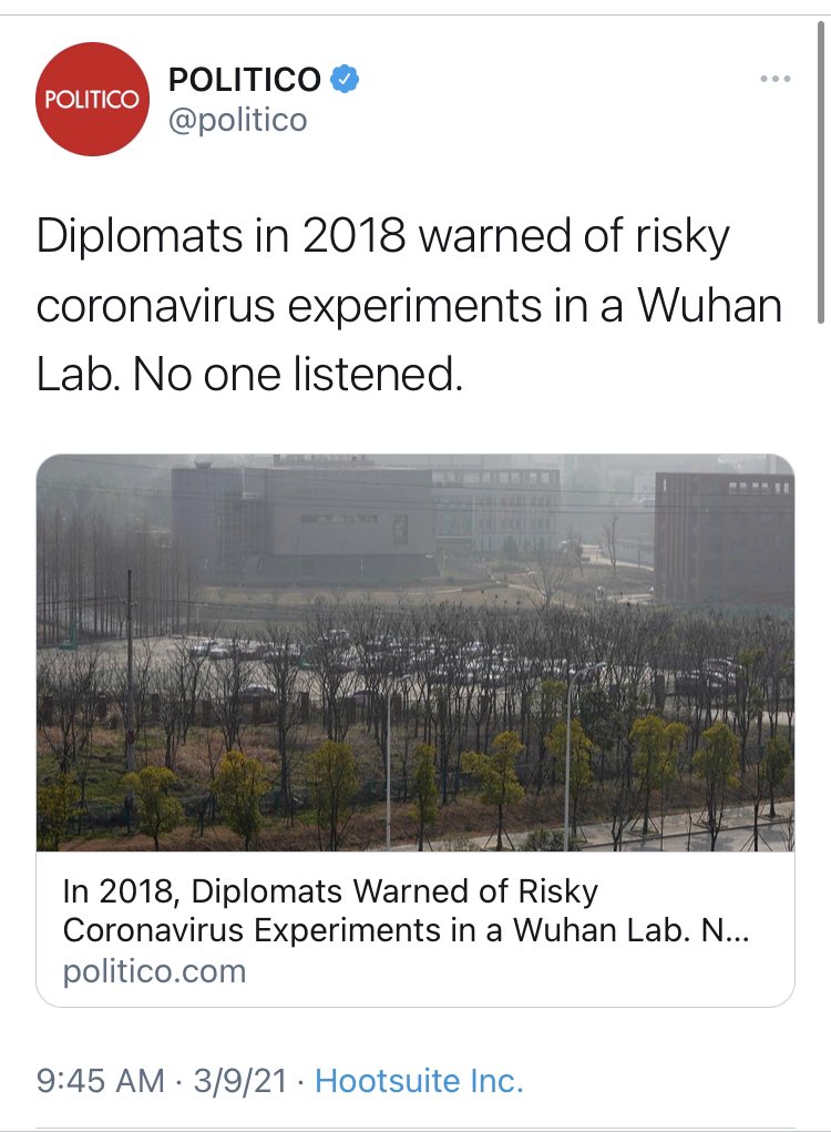  @politico had a quicker about-face than most. While they decried that the Wuhan lab was “at the center of conspiracy theories about the pandemic’s origin,” in March 2021 they resurfaced worries about “risky coronavirus experiments” from 2018.Wonder why “no one listened.”