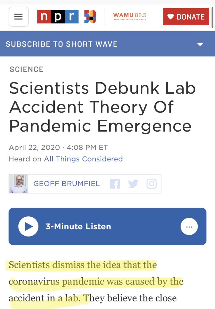 I don’t know how else to put it.  @NPR was awful about this one. In April 2020, the story was “scientists debunk lab accident theory” but in March 2021 the idea suddenly “takes on new life”. Did anyone consider who killed the original theory? I have an idea.