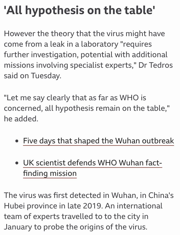 For  @BBCNews, the lab leak theory went from a conspiracy theory on par with China’s suggestion that the US created the virus to “all hypotheses are on the table” without an ounce of self awareness.