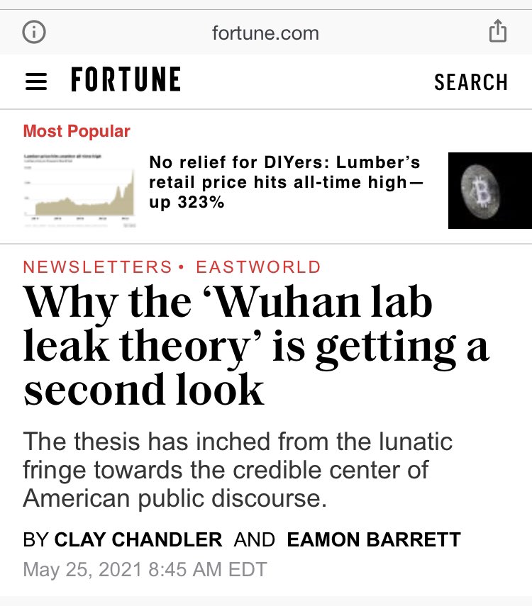 The extent to which the mainstream media trusted the lab in Wuhan at their word is jarring.  @FortuneMagazine was just one of many. But it’s also impossible to ignore - both here and in general - that the contrast is always between Wuhan and President Trump. More on that later.
