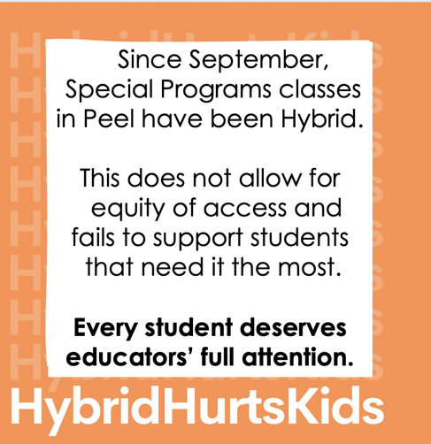 lilMsFun8's tweet photo. Since Sept, Special Programs classes in @PeelSchools have been “hybrid”-a model that doesn’t provide equity of access &amp; fails to support our Ss who need it the most-*Every* student deserves their educators' full attn #HybridHurtsKids #StudentsDeserveBetter #PDSBMtg @ETFOPeel https://t.co/21k6KYh6sk