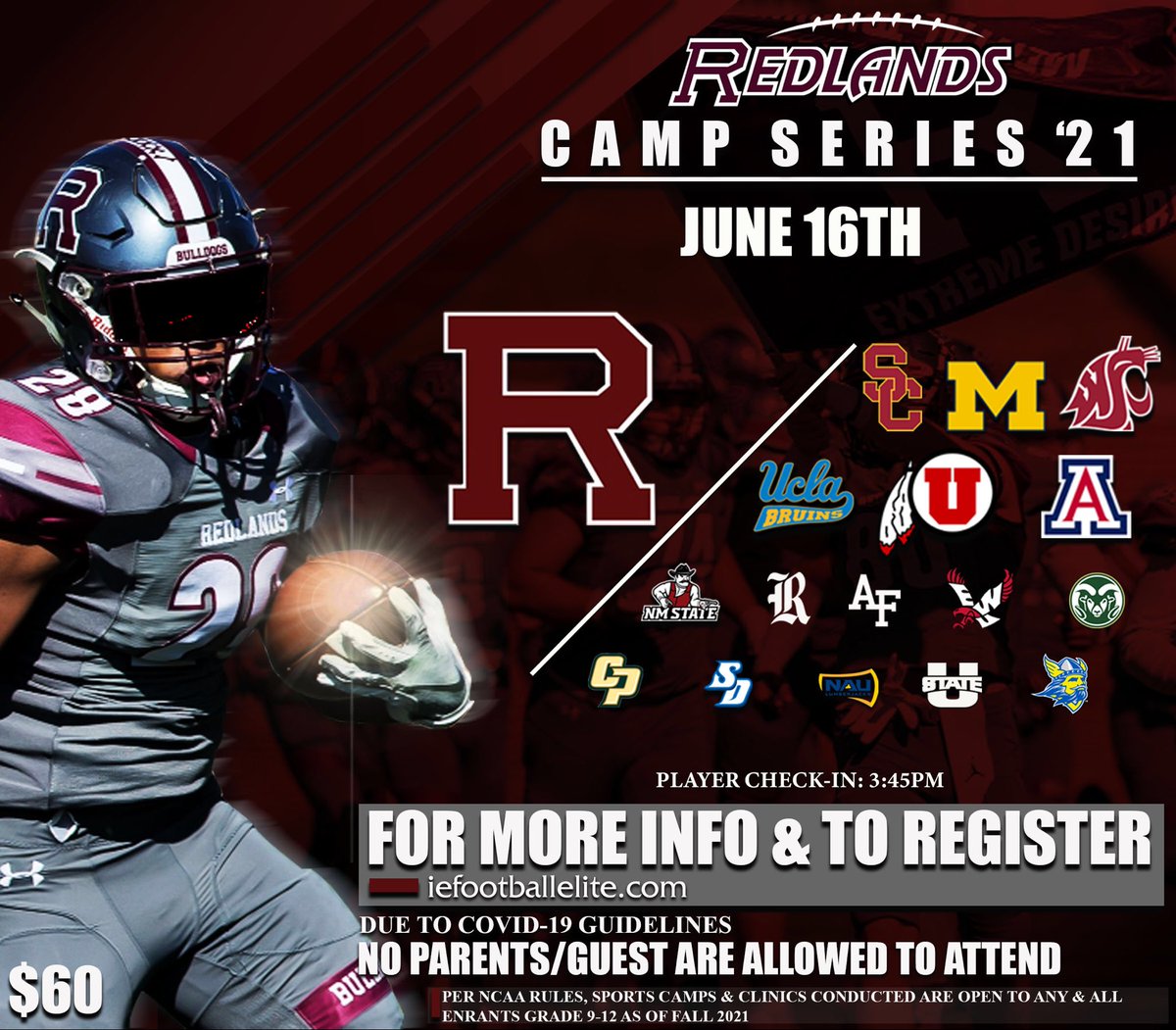 Get signed up for our camp!!

We got some big time programs coming to our campus!!

Register at:  iefootballelite.com

Camps will be separated into two sessions:
Skill Positions 
&amp;
OL/DL

Limited capacity per session.