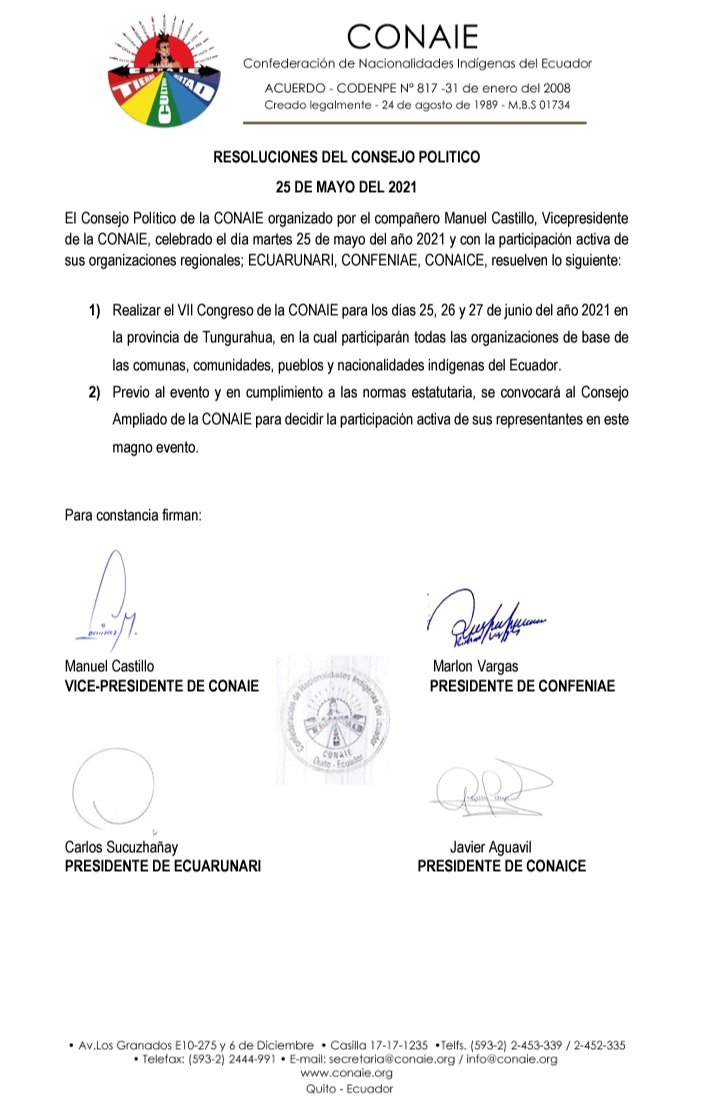 ApawkiCastro's tweet photo. De manera unánime se resuelve la realización del VII Congreso de la @CONAIE_Ecuador junto a las regionales para los días 25, 26 y 27 de junio de 2021 en la provincia de Tungurahua, es la instancia dónde se elige a los nuevos integrantes del consejo de gobierno de los PyN. https://t.co/AWZ1Pp3nbs