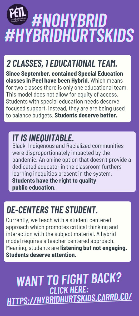 As a Peel educator, I express my ongoing dismay at the continuation of a “hybrid [fractured] model” of teaching & learning in PDSB Special Programs classes. All our #StudentsDeserveBetter, especially those w highest needs. #HybridHurtsKids #PDSBMtg #ETFO @ETFOPeel @PeelSchools