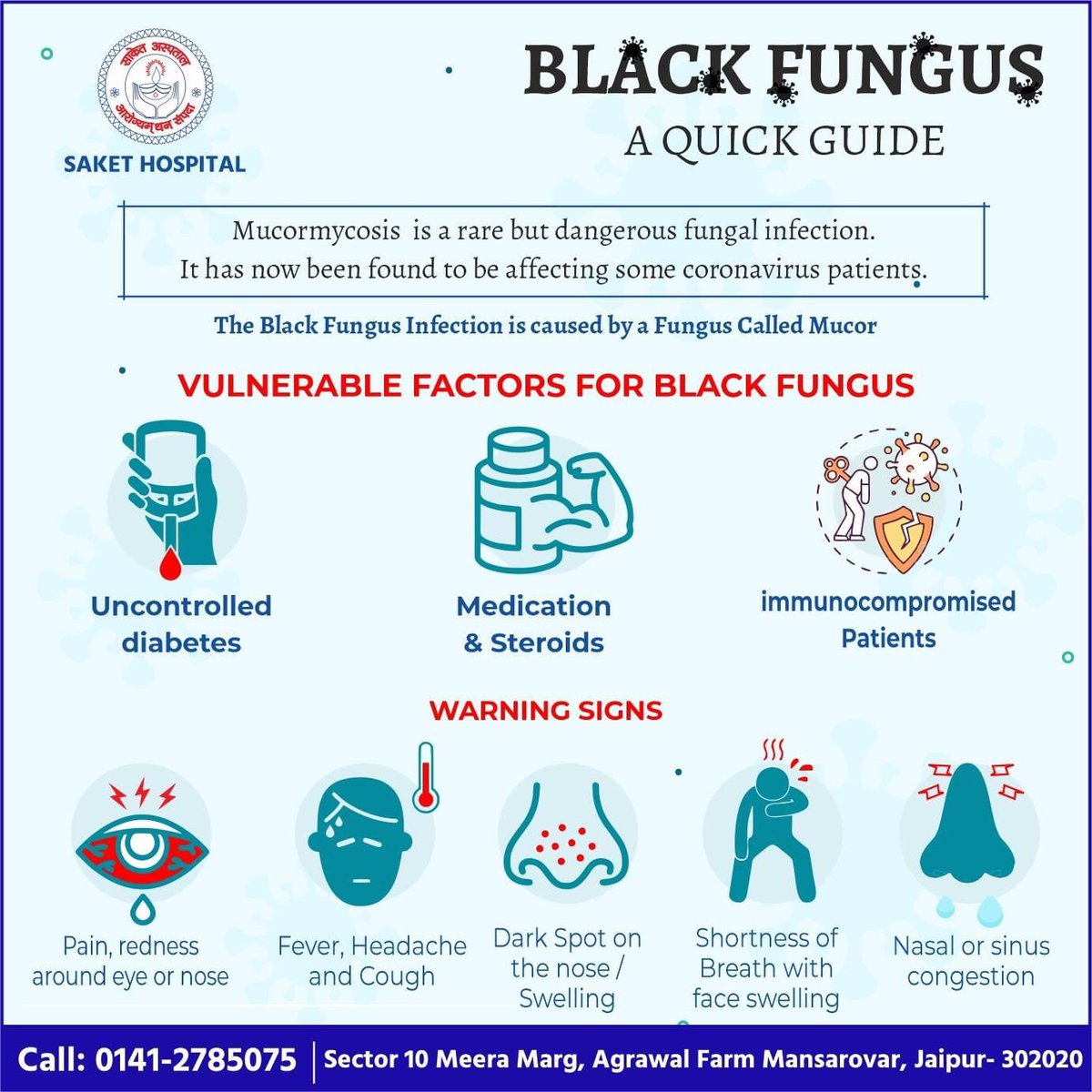 Mucormycosis (Black Fungus), a serious fungal infection has been observed in a number of Covid-19 patients recently. As a part of public awareness program, we are sharing the key pointers which one should keep in mind for early identification and response. 
 #covid19 #BlackFungus