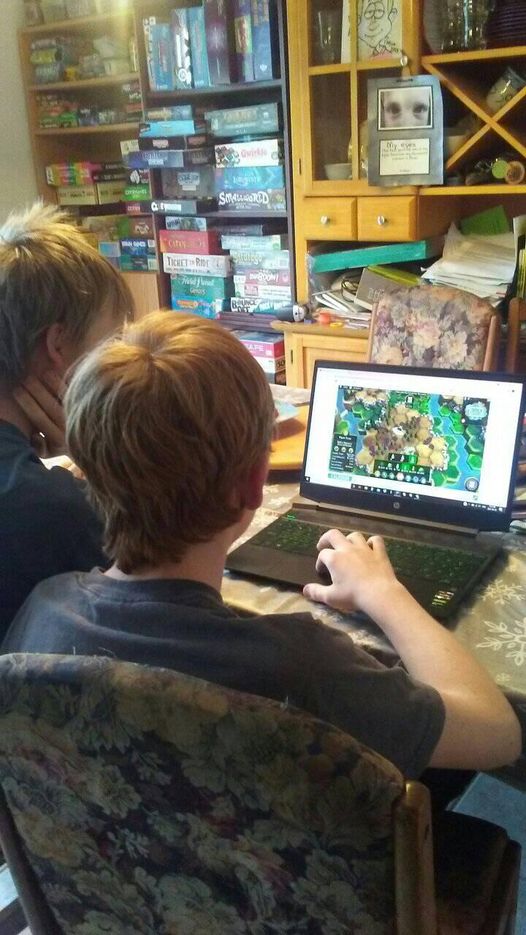 Guelph27th's tweet photo. Troop is playing CALEDON, the forest management game, for part of the 5th #great8challenge #plantpursuit. So far everyone has kept their forest alive for 50 years & the #Scouts are beating the #Scouters' scores handily. #scoutingathome #survivewithles #scoutsdostuff @ScoutsCanada https://t.co/0tfLvWKiIo