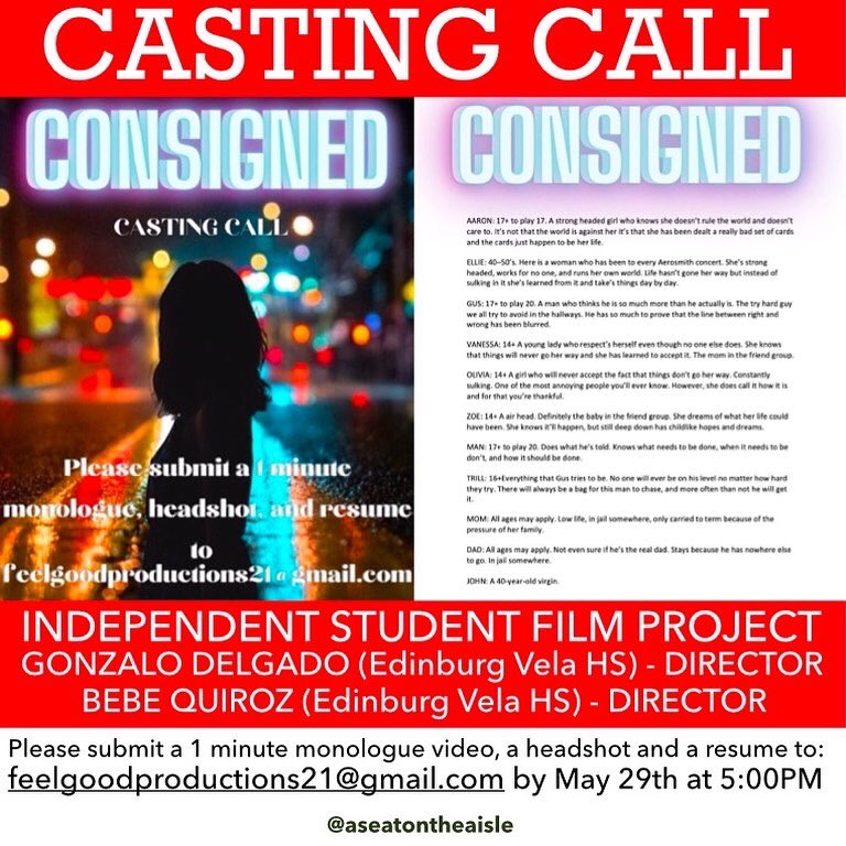 Due Saturday! Casting Call for ‘Consigned,’ a summer student film project from directors <a href="/gonzaloodelgado/">gonzalo</a> and <a href="/bebequiroz7/">Bebe 🥨</a>. Submissions due May 29th, feelgoodproductions21@gmail.com