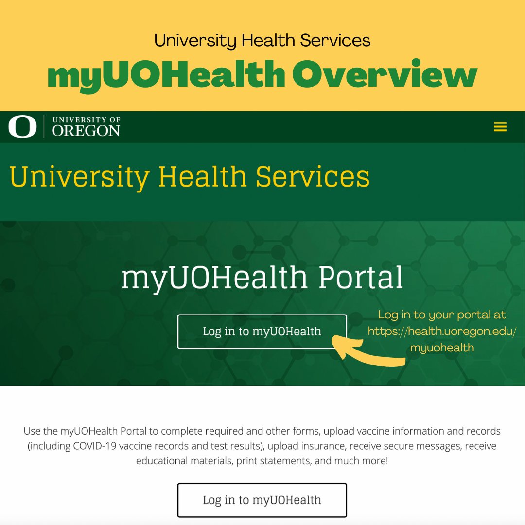 HealthCenterUO's tweet photo. Use the myUOHealth Portal to complete required and other forms, upload vaccine information and records (including COVID-19 vaccine records and test results), upload insurance, receive secure messages, receive educational materials, print statements, and much more! https://t.co/en94QCyZcS