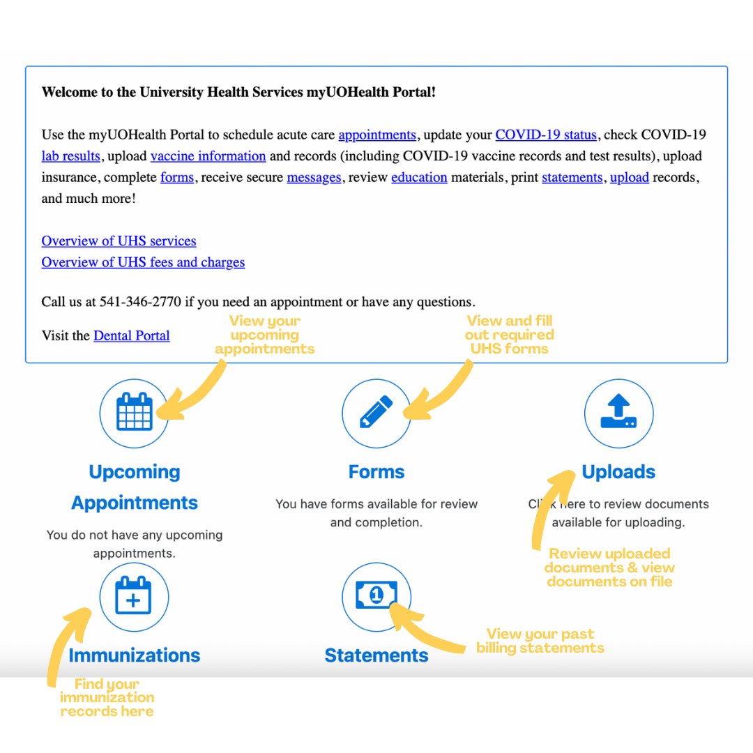 HealthCenterUO's tweet photo. Use the myUOHealth Portal to complete required and other forms, upload vaccine information and records (including COVID-19 vaccine records and test results), upload insurance, receive secure messages, receive educational materials, print statements, and much more! https://t.co/en94QCyZcS