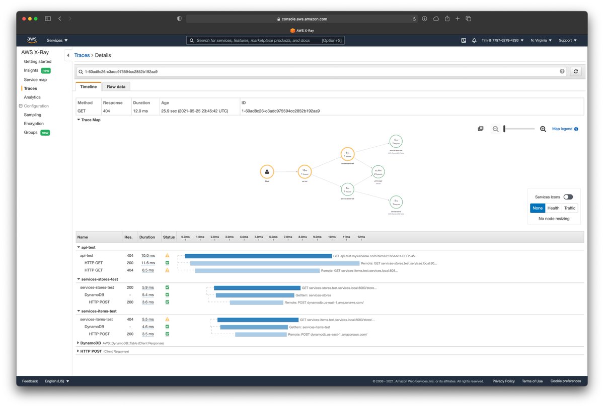 Trace of a request to multiple services showing one service returning a 404