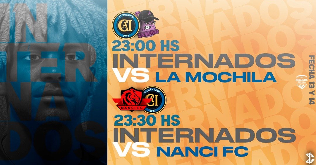 Juega Internados🔥

En una doble fecha muy importante, el equipo enfrenta a 2 rivales muy duros.

💙23:00 vs <a href="/CSyDLaMochila/">Club Social y Deportivo La Mochila eSports</a> 
🖤23:30 vs @NanciClub