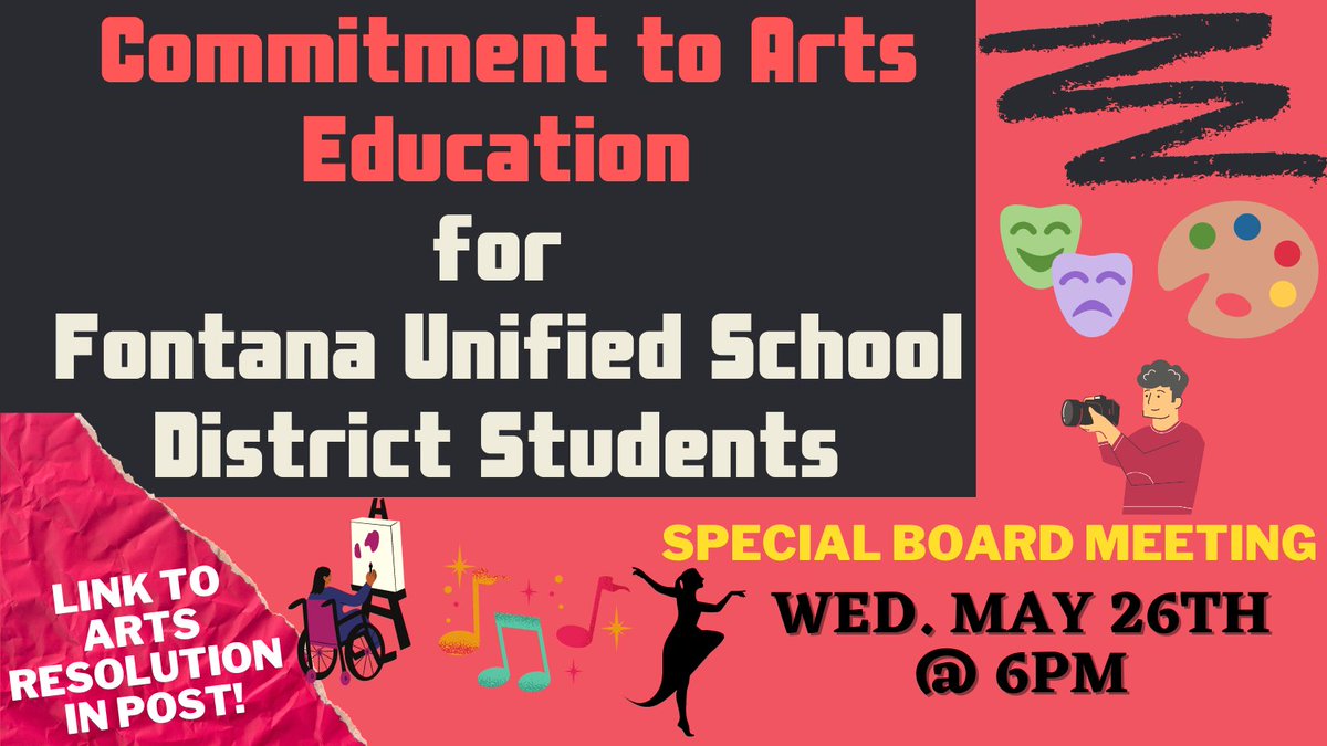 🎵🎹📷🎥💃🕺🎭🎨Revised Arts Resolution returns to a board Discussion/Action item Wed. 5/26! Our Fontana Teachers Association and Fontana Council of the Parent Teacher Association are in SUPPORT of this resolution!
✏️Link to Arts Resolution PDF: go.boarddocs.com/ca/fusd/Board.…