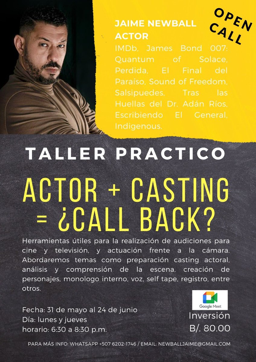 TALLER PRÁCTICO
Actor + Casting = ¿Call Back? 
Con el talentoso actor <a href="/jaimenewball/">Jaime Newball</a> del 31 de mayo al 4 de junio, en horario de 6:30 pm. a 8:30 pm.