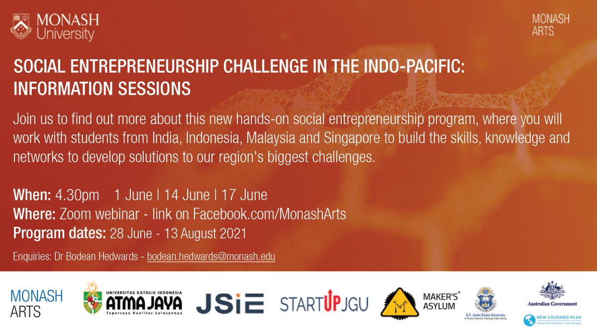 Monash_Arts's tweet photo. Want to know more about the Social Entrepreneurship Challenge in the Indo-Pacific (SECIP) Program? Come along to one of our information sessions.

1 June - https://t.co/WlBlk9vC1T
14 June - https://t.co/Uc3fqk4spC
17 June - https://t.co/WHu1uGRK9j

#SECIP #ChangeItForGood #Global https://t.co/uOeah6QBDn
