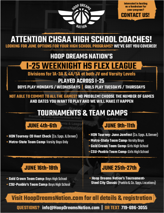 HoopDreamsCO's tweet photo. Are your high school programs looking to play somewhere this summer? Your search stops here! Take a look at our tournaments and team camps in June and July!🔥 https://t.co/YUuZ26TGEb