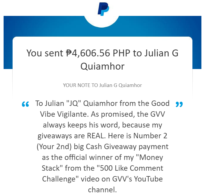 whoisgvv's tweet photo. As promised, here is another big cash payment from @whoisgvv to Julian Quiamhor. This cash giveaway was so BIG that he still has even more payments that will be coming to him as the winner of my "500 Like Comment Challenge". #GoodVibeVigilante #RealGiveaways #CashGiveaways🤑👍💵 https://t.co/uQcNLzNUAZ