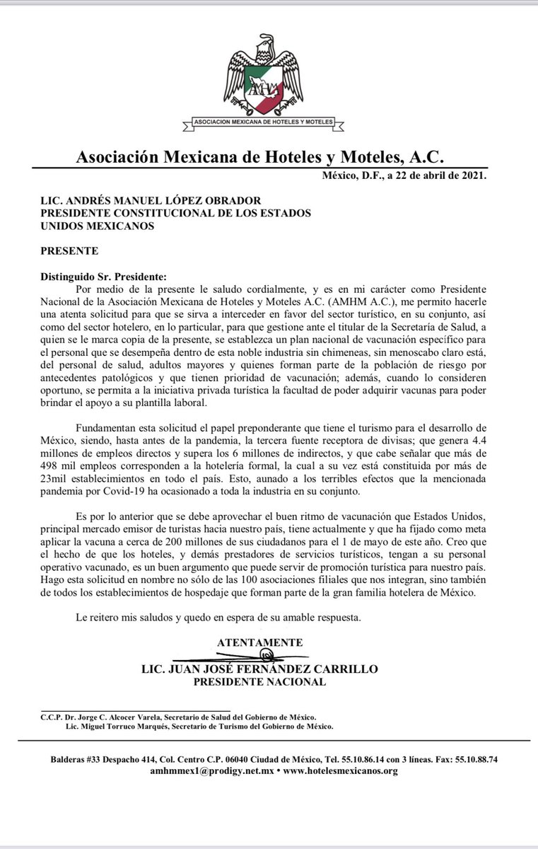 feturnacional's tweet photo. Compartimos y apoyamos la solicitud que le hizo llegar la @amhm_oficial al ejecutivo @lopezobrador_ para que se considere el uso de la vacuna en nuestro sector. 

Le pedimos a todos los #TuristerosUnidos nos ayuden con un RT 

#TurismoPrioridadNacional #TuristerosUnidos https://t.co/bNDHuWhhHn
