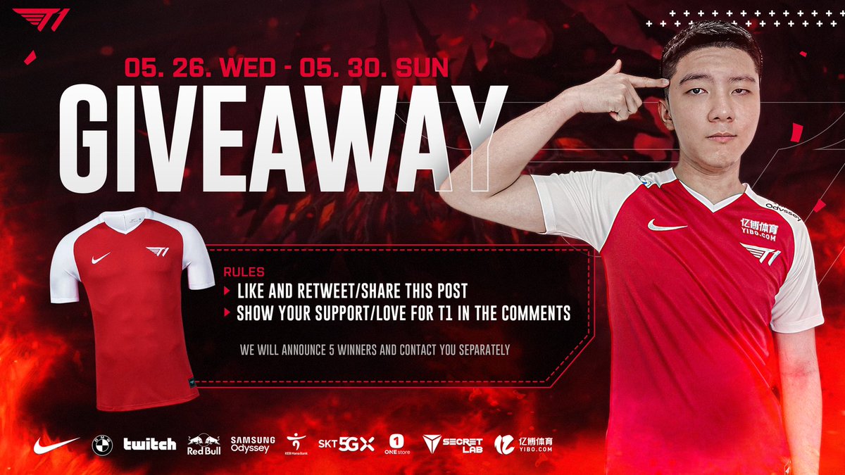 T1's tweet photo. DOTA2 Fan event!
Grab a chance to win a T1 Jersey.

All you have to do is:
👉like and share/retweet this post
👉leave a comment to show your love and support for the T1 DOTA2 players

We will announce the 5 winners and contact them separately. Good luck!

#T1 #igniT1on #T1sakalam https://t.co/GRmt5CCLgQ