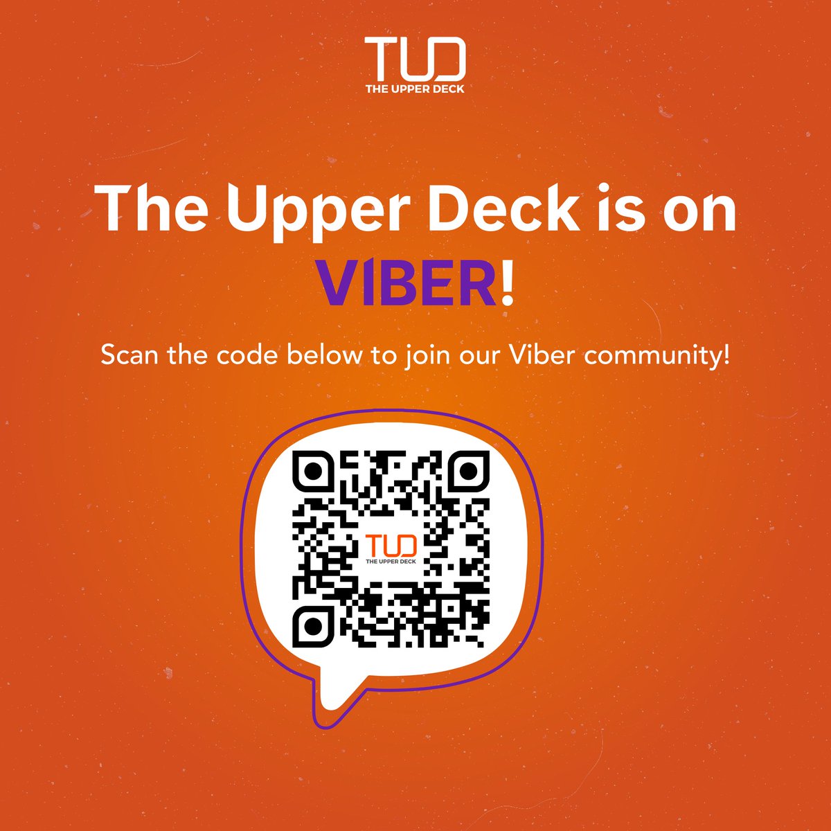 TheUpperDeckPh's tweet photo. We love connecting with you! 🧡
Get exclusive promos and instant updates when you join our TUD Fam at Viber!

Head on to this link to learn more » https://t.co/n84UJvcCQR https://t.co/E1xdsaVQNh