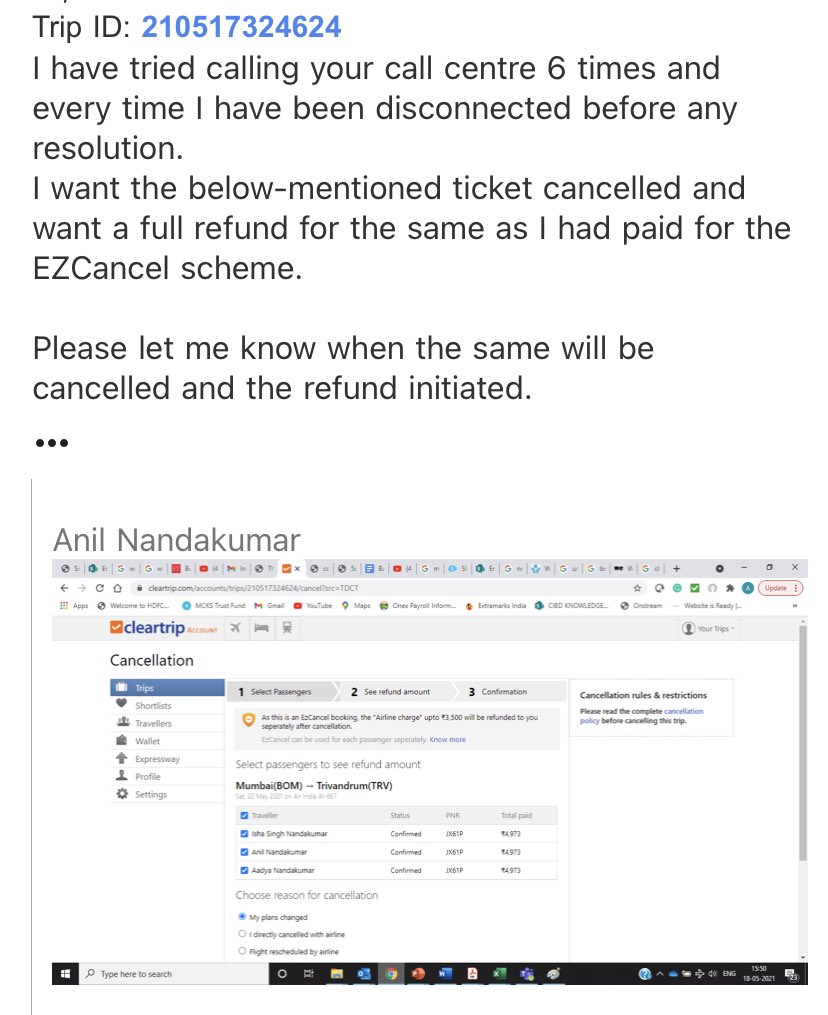 ishasinghnk's tweet photo. @Cleartrip @airindiain @DGCAIndia @RelianceGenIn ticket was booked with Easy cancel scheme. we cancelled this ticket and still awaiting full refund. https://t.co/e5qdOZq2MZ