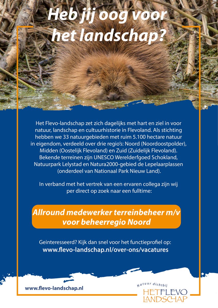 flevolandschap's tweet photo. Het Flevo-landschap zet zich dagelijks met hart en ziel in voor natuur, landschap en cultuurhistorie in Flevoland. In verband met vertrek van een ervaren collega zoeken wij een fulltime allround medewerker terreinbeheer in beheerregio Noord. https://t.co/wntwAinygR https://t.co/bFCbHdQ7Ae