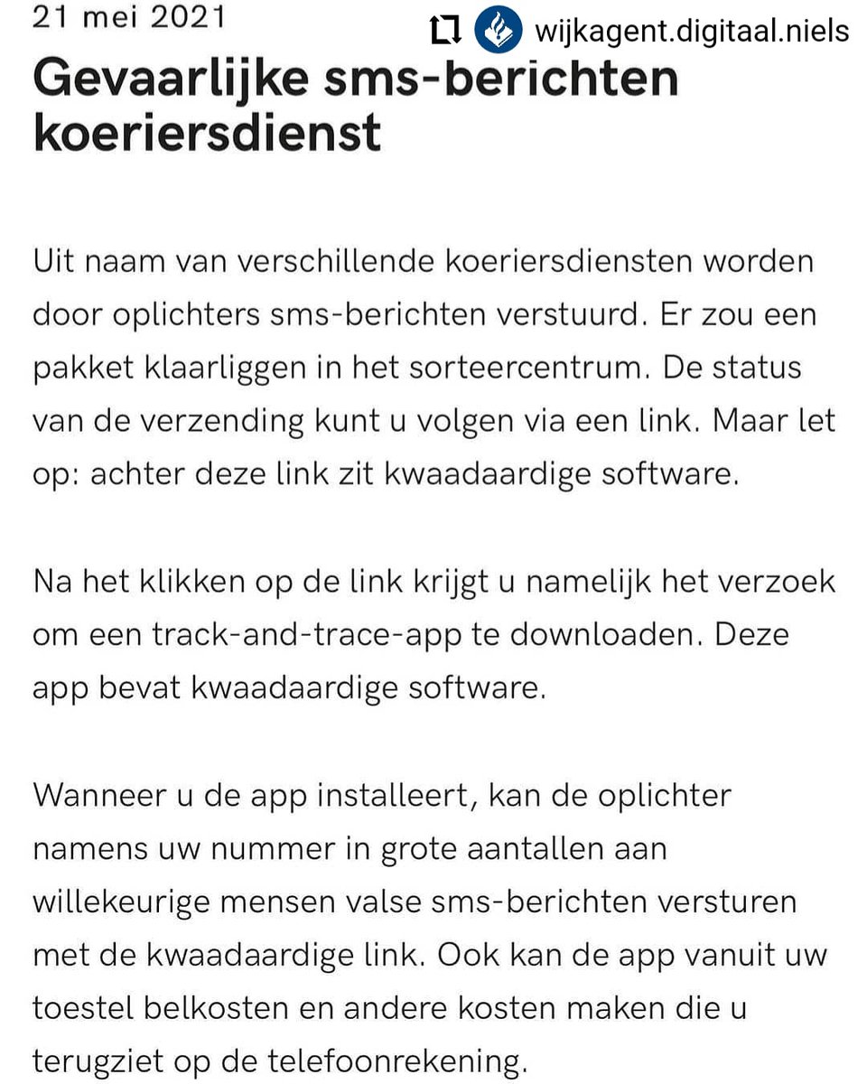 POL_Westland's tweet photo. #Repost @wijkagent.digitaal.niels
...
Reposted from @fraudehelpdesk Let op! Uit naam van verschillende koeriersdiensten worden door oplichters sms-berichten verstuurd. Je krijgt het verzoek om een track-and-trace-app te downloaden. https://t.co/OEyjRKAFfa