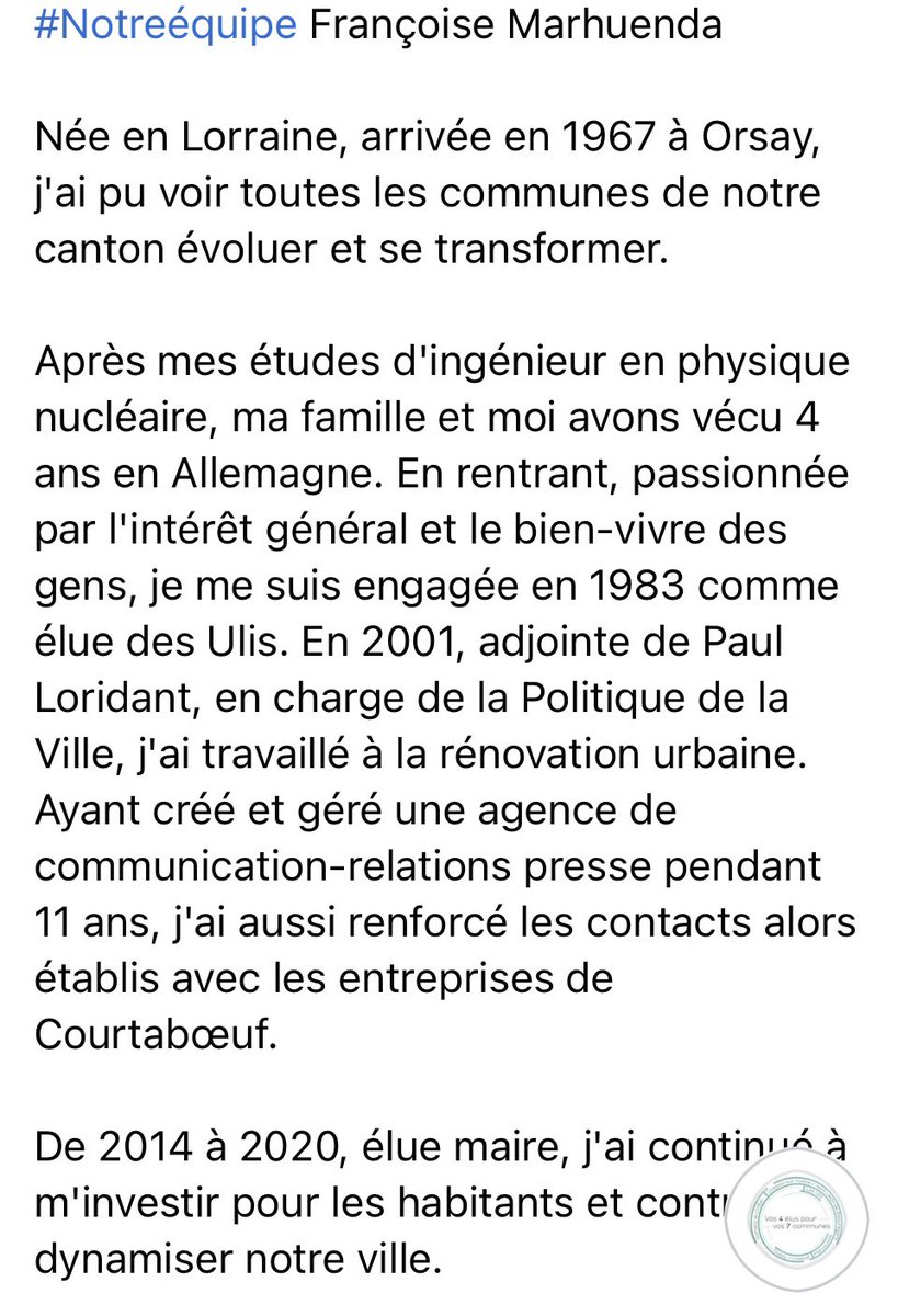 4elus7communes's tweet photo. Petite présentation de notre équipe, avec tout d’abord Françoise Marhuenda @FMULIS Vice-Presidente @CDEssonne et conseillère municipale #LesUlis. Une vraie figure des Ulis au service de ses habitants. #4elus7communes #lUnionfaitlEssonne @EssonneAvecVous https://t.co/EJXmpZK8Tw