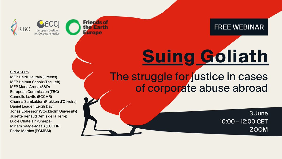 JOIN US for a deep dive into the most relevant cases of civil litigation against EU companies for corporate abuses abroad.

Human rights lawyers, NGOs and MEPs will discuss barriers to justice and the need for legislative reform.

🗓️ 3 June
🕙 10:00 CET
🔗 eventbrite.co.uk/e/suing-goliat…