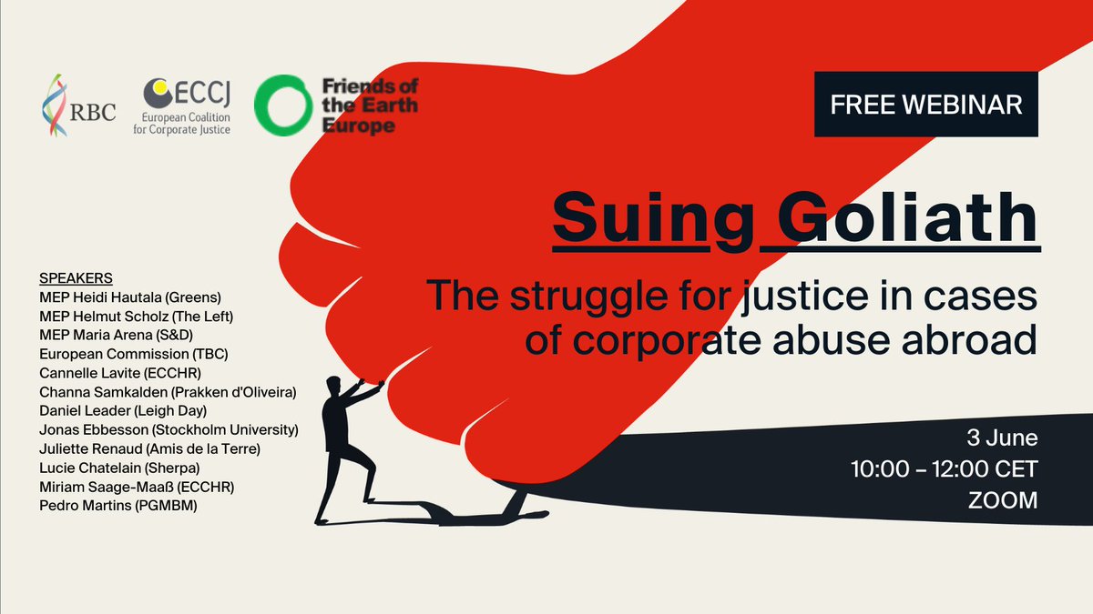 JOIN US for a deep dive into the most relevant cases of civil litigation against EU companies for corporate abuses abroad. Human rights lawyers, NGOs and MEPs will discuss barriers to justice and the need for legislative reform. 🗓️ 3 June 🕙 10:00 CET 🔗 eventbrite.co.uk/e/suing-goliat…