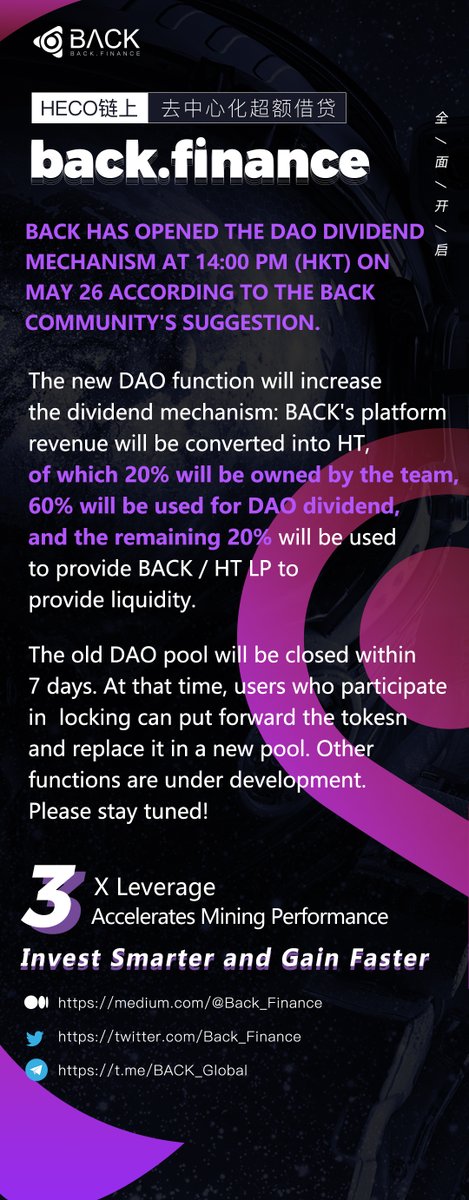 📢#BACK opened the DAO dividend mechanism at 14:00 pm (HKT) May 26.

🔥BACK revenue will be converted into HT, of which:
-20% will be owned by the team
-60% will be used for DAO dividend
-20% will be used to provide BACK / HT liquidity

🌟The old DAO pool will close within 7 days