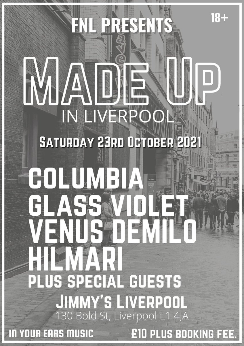 #Liverpool @JimmysLiverpool 
Sat 23/10 
Tickets via Jimmy’s website 
<a href="/COLUMBIA_/">COLUMBIA</a> 
<a href="/GlassViolet_/">GLASS VIOLET</a> 
<a href="/vnsdmlo/">venus demilo</a> 
<a href="/hilmarimusic/">hilmarimusic</a> 
Plus very special guests.......

<a href="/lpoolacoustic/">Liverpool Acoustic</a> <a href="/LpoolMusicScene/">LiverpoolMusicScene</a> 
<a href="/shiner_sam/">shiner_sam</a> <a href="/InYourEarsMusic/">📡 In Your Ears Music 📡</a>