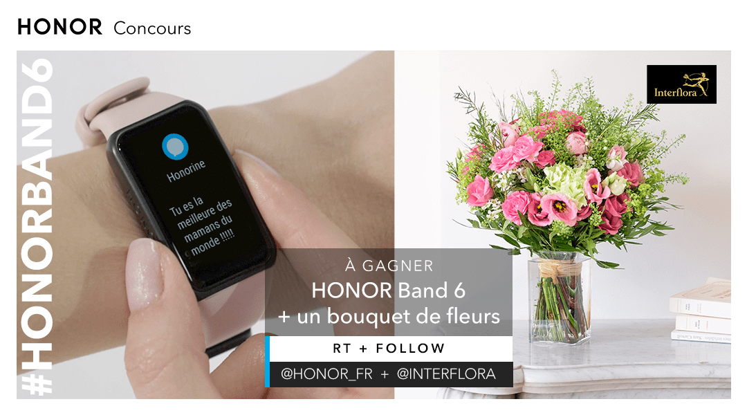 Honor_FR's tweet photo. Pour la fête des mères @Interflora et @HONOR vous proposent de gâter vos mamans avec un joli bouquet de fleurs et un HONOR BAND6 ! 🌺⌚️ 
Pour participer, RT et follow @HONOR_FR et @Interflora 💙
Fin du concours: 30/05 https://t.co/QGysy6KXSH