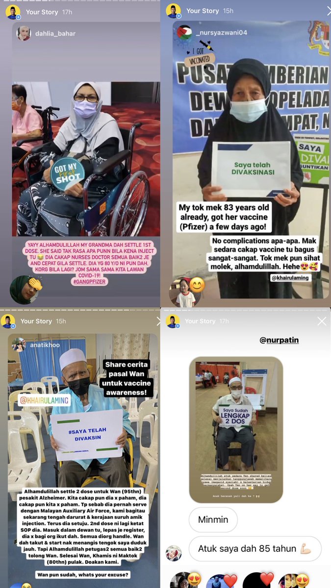 khairulaming's tweet photo. Kalau parents anda masih tak yakin nak ambil vaksin, pls show them my ig stories. I have reposted sebanyak mungkin gambar2 warga emas yg dah selamat ambil vaccine, termasuk yg berumur 90 lebih. Ada beratus lagi stories yang orang ramai dah tag tapi belum repost lagi 💪🏻 https://t.co/Yu3lkRSyFT