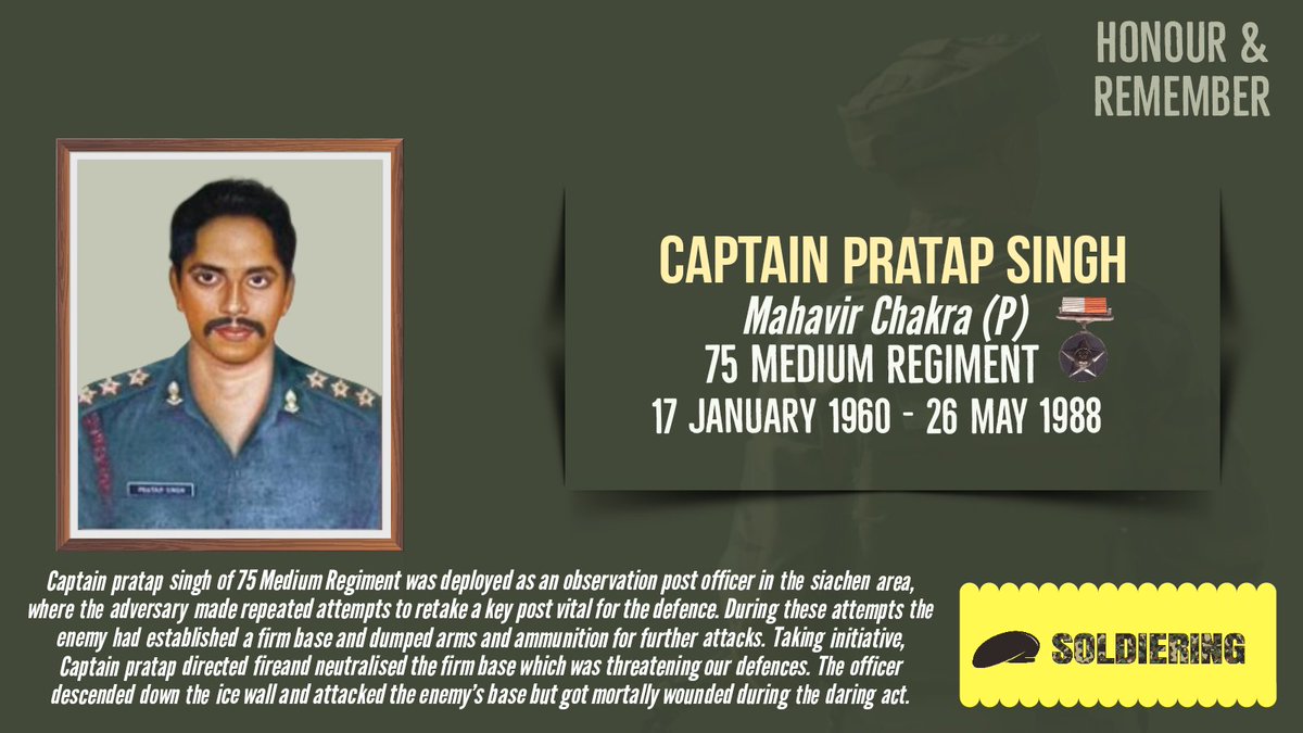 Today, we honour and remember #Braveheart Captain Pratap Singh #MahaVirChakra (P) of 75 Medium Regiment who laid down his life during #OpMeghdoot on 26 May 1988 while eliminating a grave threat to a key post in #Siachen. The nation will never forget his bravery and sacrifice.