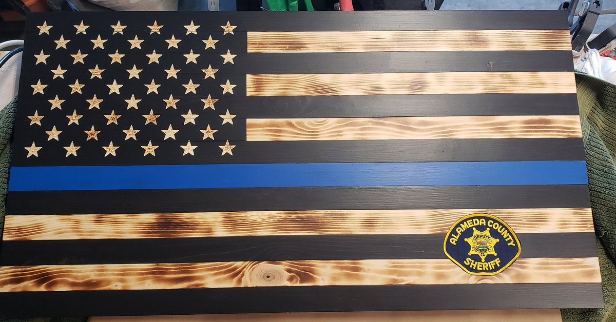 Newest flag is finished. This flag was custom ordered for a brand new Alameda County Sheriffs Office deputy. Congratulations on the new career and enjoy your flag. 
#53woodworking #BlueLivesMatter #woodworking #woodenflag #alamedacounty #acso #thinblueline #alamedacountysheriff