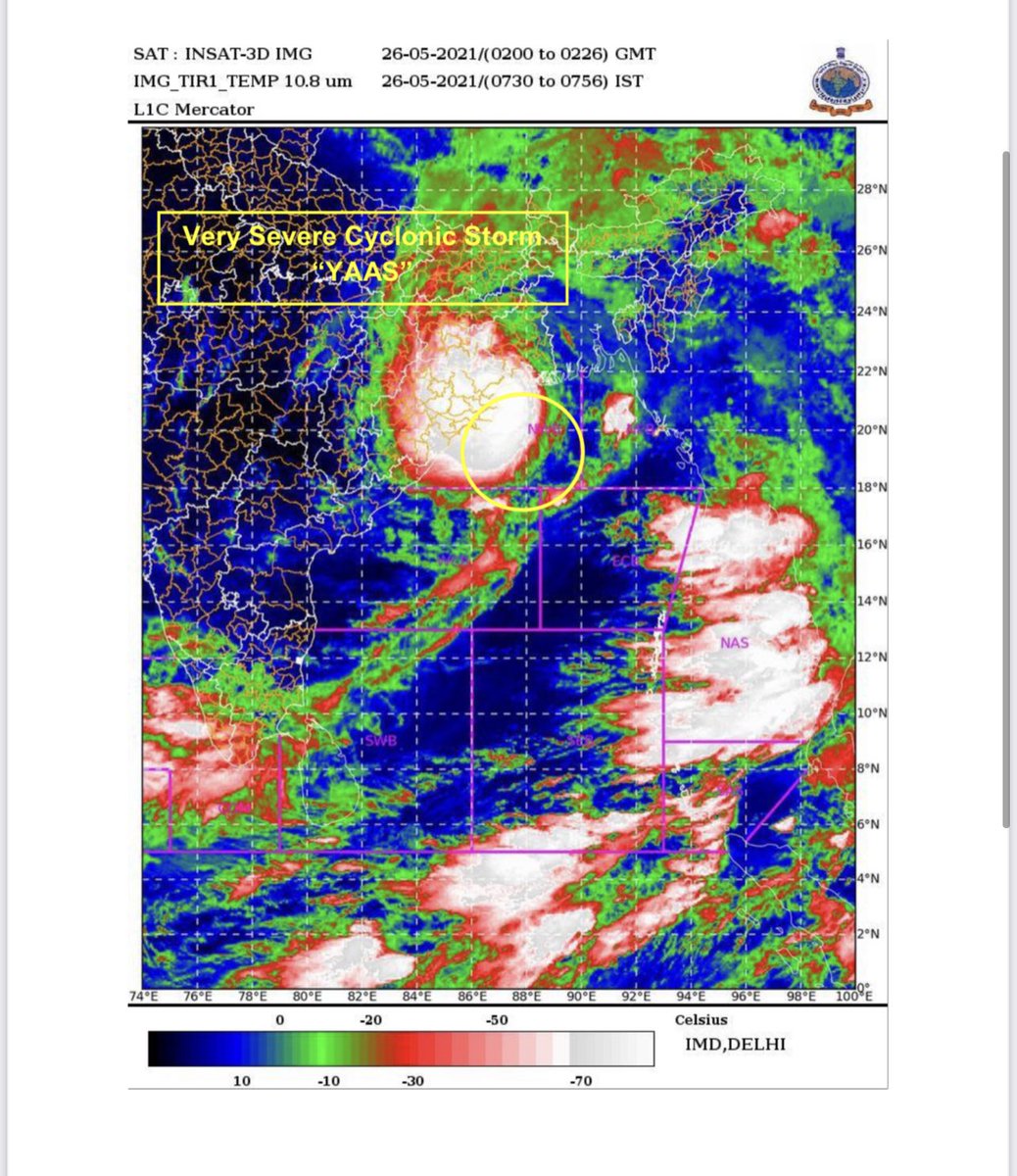 KP_Aashish's tweet photo. #YaasCyclone is now VERY SEVERE CYCLONIC STORM category. Wind speed 130-140 KMPH Gusting to 155
The landfall process will commence in a couple of hours. #yaascycloneupdate #CycloneYaasUPDATE #cyclonetracker #WeatherUpdate #India https://t.co/ApyJq7BFOo