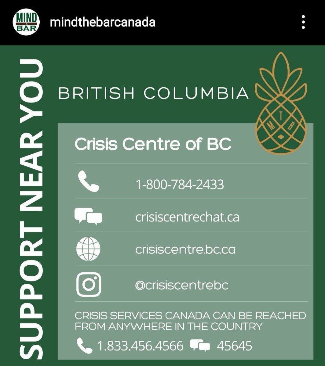 MindTheBar (@mindthebar) on Twitter photo If you or someone you know in the region needs help, contact the support system above (<a href="/crisiscentrebc/">Crisis Centre BC</a>), or contact Crisis Services Canada by phone (1.833.456.4566) or text (45645). If it is an emergency, call 9-1-1 immediately.
#mentalhealth #hospitality #restaurants #bc If you or someone you know in the region needs help, contact the support system above (<a href="/crisiscentrebc/">Crisis Centre BC</a>), or contact Crisis Services Canada by phone (1.833.456.4566) or text (45645). If it is an emergency, call 9-1-1 immediately.
#mentalhealth #hospitality #restaurants #bc