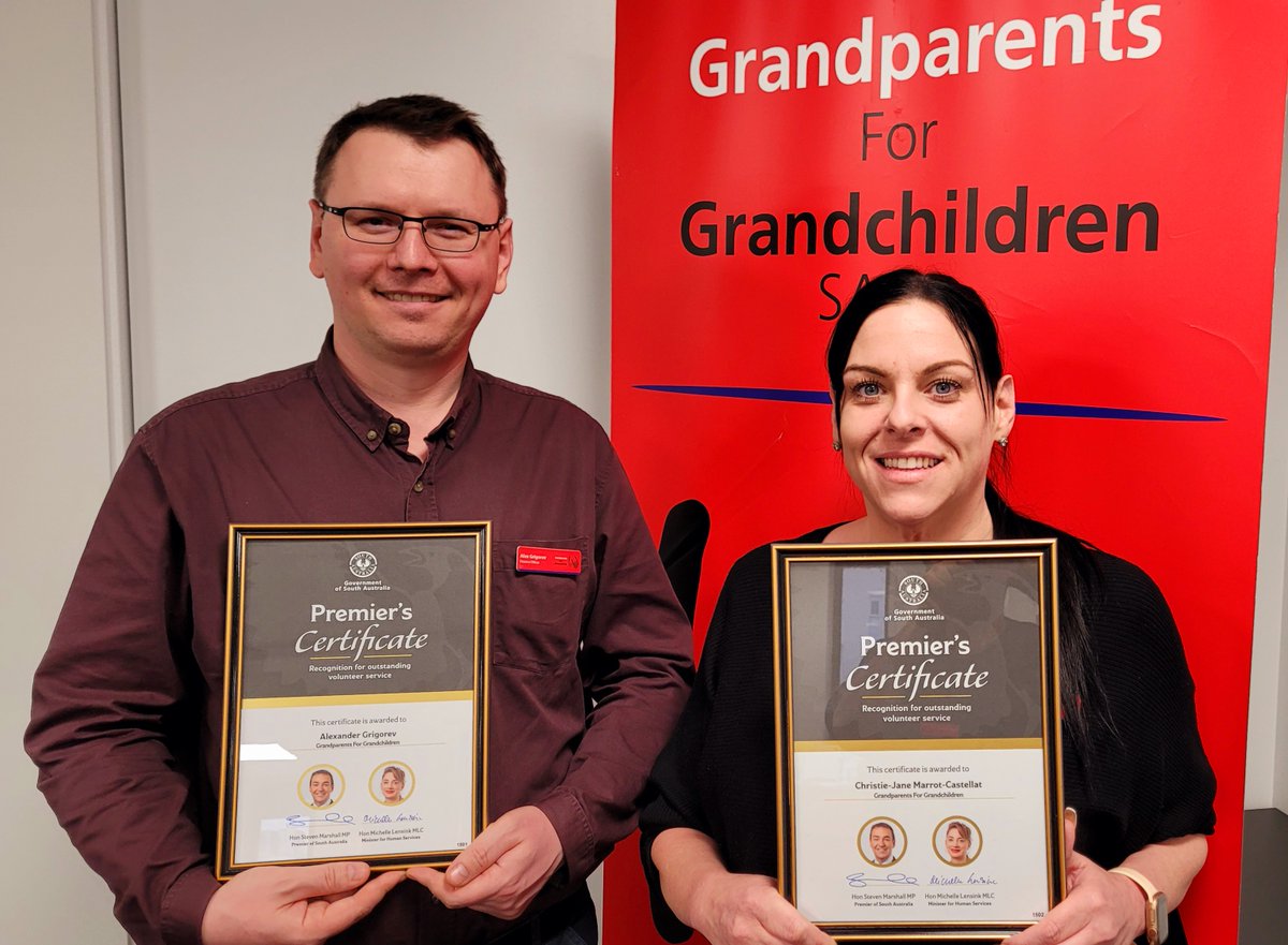 GFGSAInc's tweet photo. GFGSA Finance Officer Alex Grigorev and Carer Advocate Christie Marrot received their SA Premier's Certificates for outstanding volunteer service yesterday!  Well done to you both! https://t.co/F5zyDb17HQ