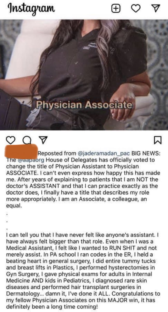 JAFERDIAN's tweet image. I was on a mental health break from Twitter, but the recent PA bullshit made me come back once more.
PAs can be part of the team. But they are not our equals with respect to training or role. And no one in the right mind would let a PA student run a code independently in the ED.