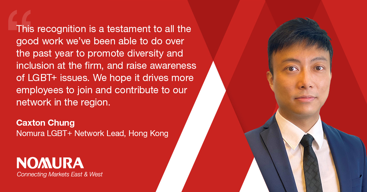 Nomura's tweet photo. We are very proud to receive the #LGBT+ Network Award by @CB_Asia. For the last 11 years, we have committed to raising awareness for LGBT+ inclusion to all employees within the firm, and encouraging everyone to bring their true selves to the workplace. #ImpactxAsia #Time4ChangeHK https://t.co/HW91JVKVFM