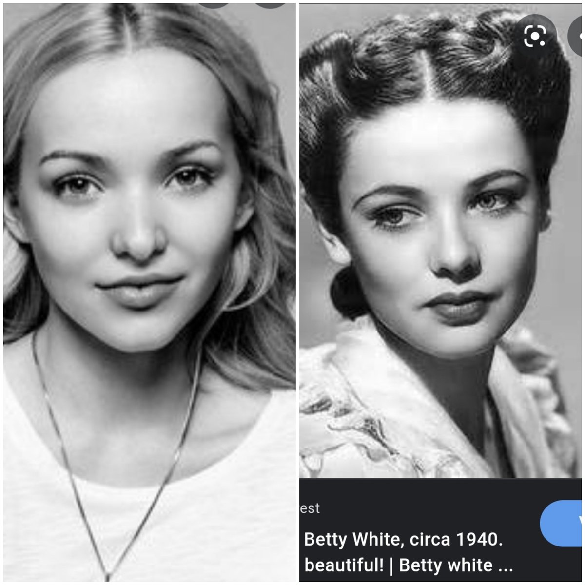 AaronFrick8's tweet photo. So, does anyone else think that @DoveCameron looks like Betty White did circa 1940? They're both so talented. I love them both. https://t.co/3nZRdkXW1v