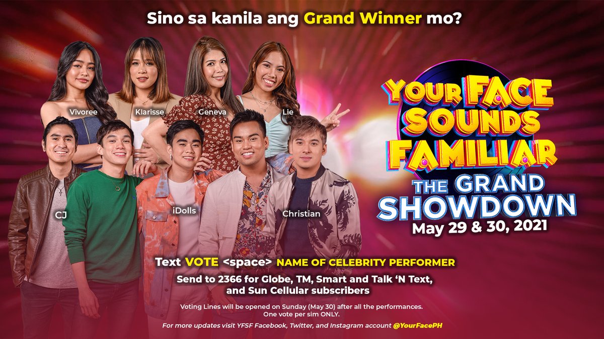 YourFacePH's tweet photo. 🎭 KaFamiliars! Sino sa kanila ang nais mong maging Grand Winner? Suportahan na ang inyong pambatong Celebrity Performers sa nalalapit na The Grand Showdown ng Your Face Sounds Familiar! Ngayong May 29 at 30 na! ❤️🧡💛 https://t.co/H12qgWptAO