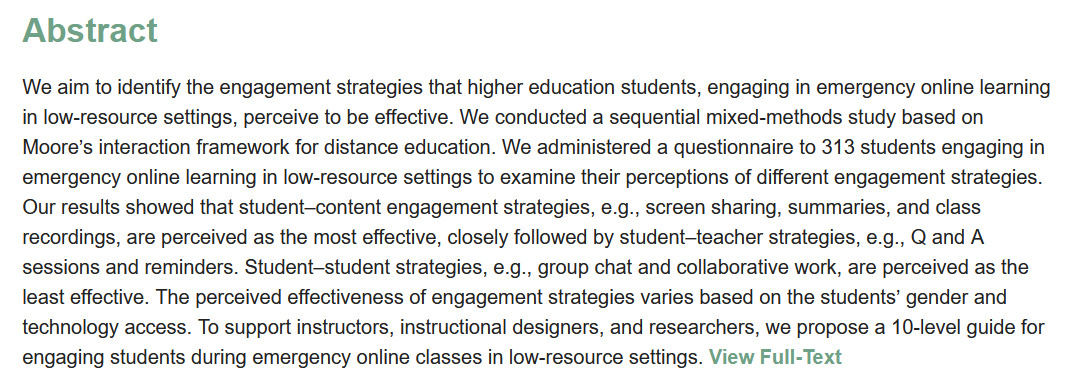 EducSci_MDPI's tweet photo. Emergency Online Learning in Low-Resource Settings: Effective Student Engagement Strategies
https://t.co/CpFxYsdDkp
#onlinelearning #distancelearning #studentperception #Mooreframework https://t.co/Gtbr2dA1Rk