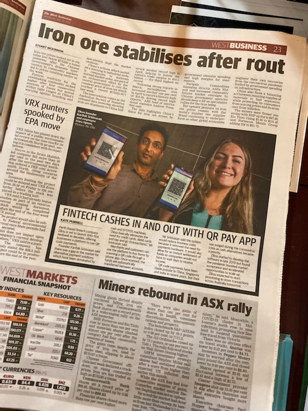 ziksucapital's tweet photo. In today’s @westaustralian newspaper @katepurnell_ reports on the launch of Ziksu!
Thanks for featuring our Australian-based #digitalpaymentplatform, created by a Perth-based fintech company.
Level up at https://t.co/ew50YpFJB8
#ziksu #Australia #QRcode #fintech #neobank https://t.co/vIdl0aVtAJ